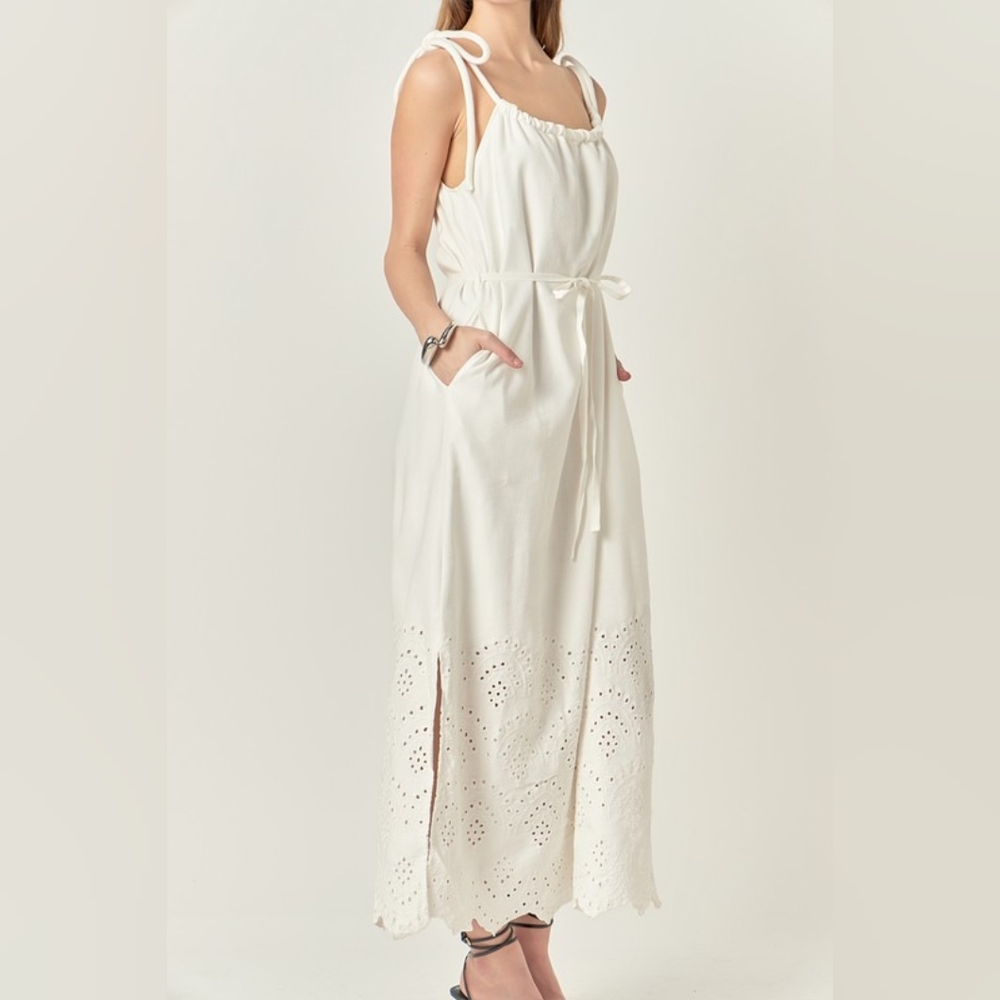 NWT - English Factory Linen Blend White Embroidered Eyelet Midi Dress- S